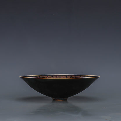 Chinese Antique Porcelain Bowl,Chinese Song Dynasty Ding Ware Emerald Black Glaze Porcelain Bowl, Ding Kiln Hand Carving Poeny Flower Pattern Ceramic Bowl