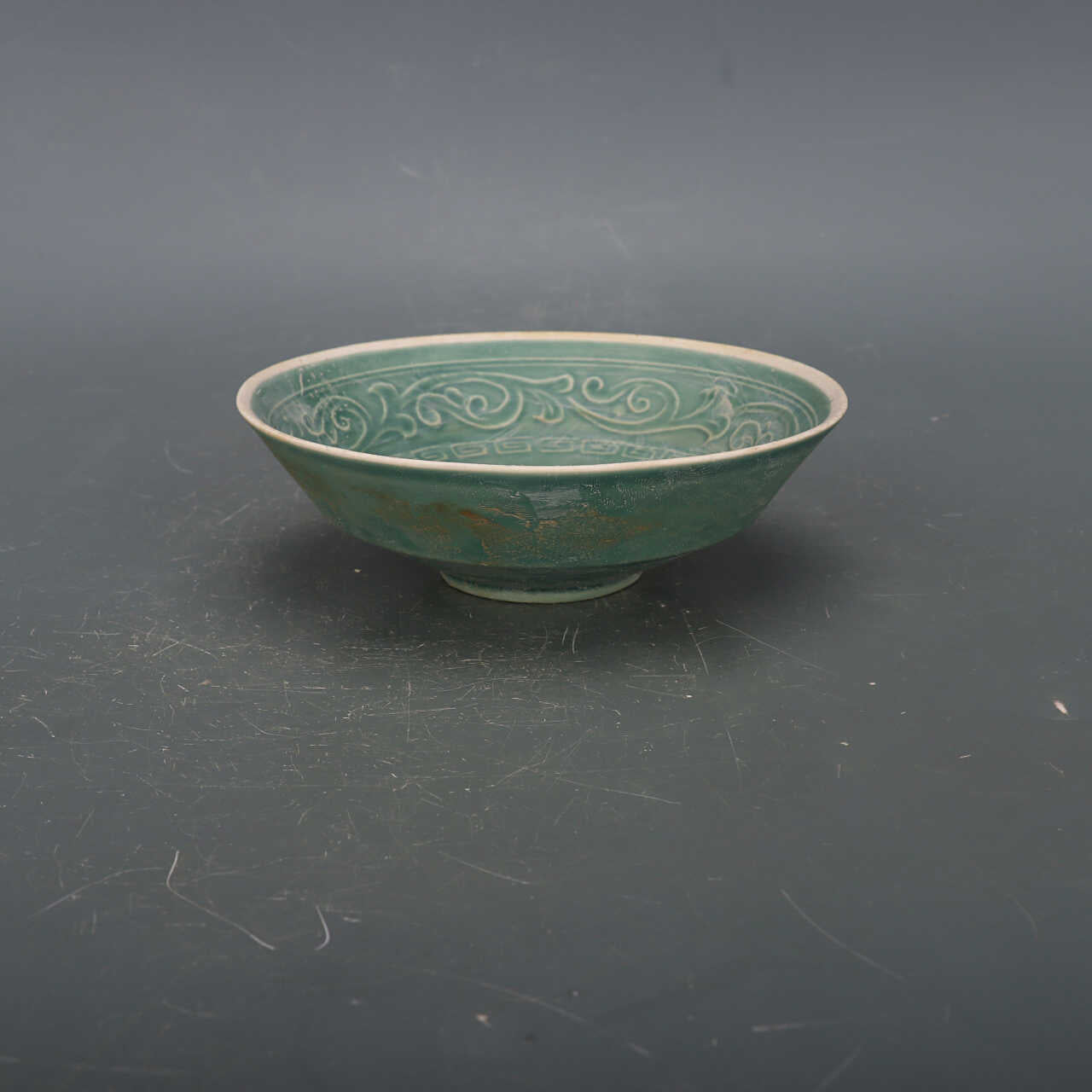 Chinese Antique Porcelain Bowl,Chinese Song Dynasty Ding Ware Emerald Green Glaze Porcelain Bowl, Ding Kiln Hand Carving Deers Pattern Ceramic Bowl