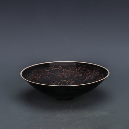 Chinese Antique Porcelain Bowl,Chinese Song Dynasty Ding Ware Emerald Black Glaze Porcelain Bowl, Ding Kiln Hand Carving Mandarin Duck Pattern Ceramic Bowl