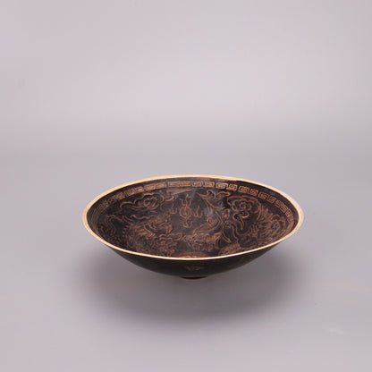 Chinese Antique Porcelain Bowl,Chinese Song Dynasty Ding Ware Emerald Black Glaze Porcelain Bowl, Ding Kiln Hand Carving Dragon and Phoenix Pattern Ceramic Bowl