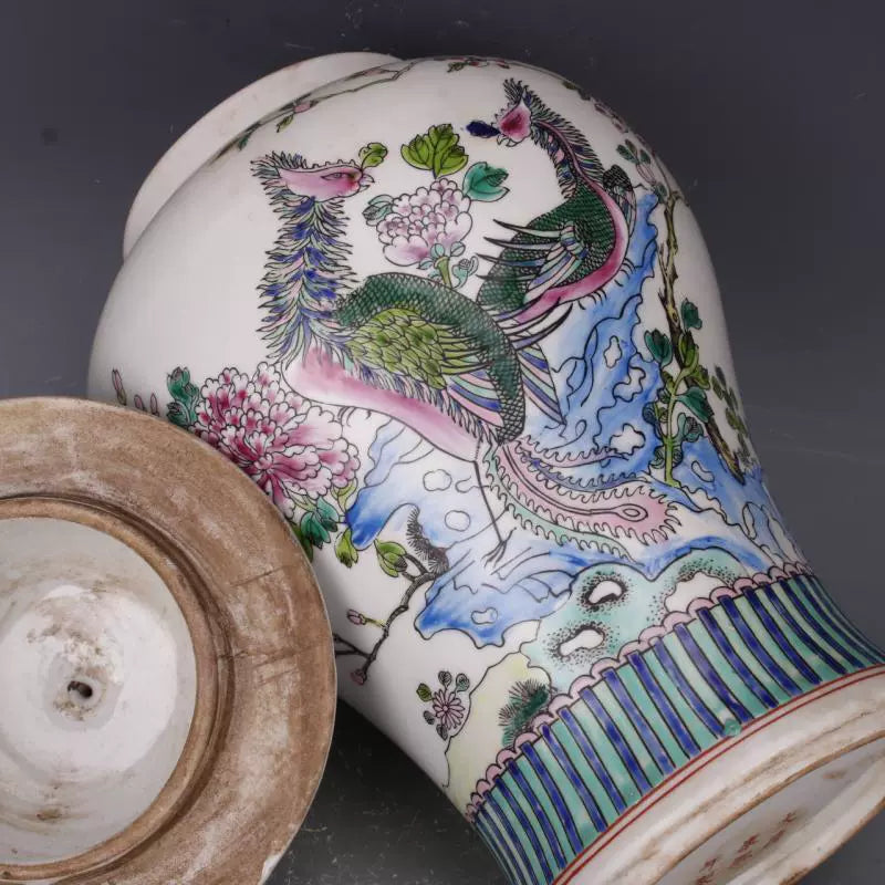 Chinese Antique Porcelain Lid Pot,Chinese Qing Dynasty Kangxi Marked Famille Verte Porcelain Ginger Jar,Hand Painting Double Phoenix Pattern Ceramic Ginger Jar