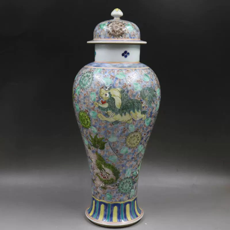 Chinese Antique Porcelain Lid Pot,Chinese Qing Dynasty Kangxi Marked Famille Rose Porcelain Ginger Jar,Hand Painting Flowers and Foo Dogs Pattern Ceramic Ginger Jar