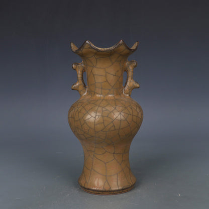 Chinese Antique Porcelain Vase,Chinese Song Dynasty Ge Ware Celadon Double Peacock Ears Vase, Ge Kiln Crackle Glaze Ceramic Bottle