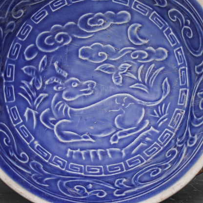 Chinese Antique Porcelain Bowl,Chinese Song Dynasty Ding Ware Blue Glaze Porcelain Bowl, Ding Kiln Hand Carving Deer Pattern Ceramic Bowl