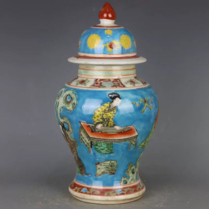 Chinese Antique Porcelain Lid Pot,Chinese Qing Dynasty Kangxi Marked Famille Verte Porcelain Ginger Jar,Hand Painting Blue Ground Maids Pattern Ceramic Ginger Jar