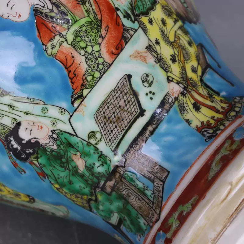 Chinese Antique Porcelain Lid Pot,Chinese Qing Dynasty Kangxi Marked Famille Verte Porcelain Ginger Jar,Hand Painting Blue Ground Maids Pattern Ceramic Ginger Jar