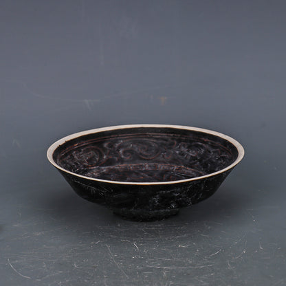 Chinese Antique Porcelain Bowl,Chinese Song Dynasty Ding Ware Black Glaze Porcelain Bowl, Ding Kiln Hand Carving Deer Pattern Ceramic Bowl