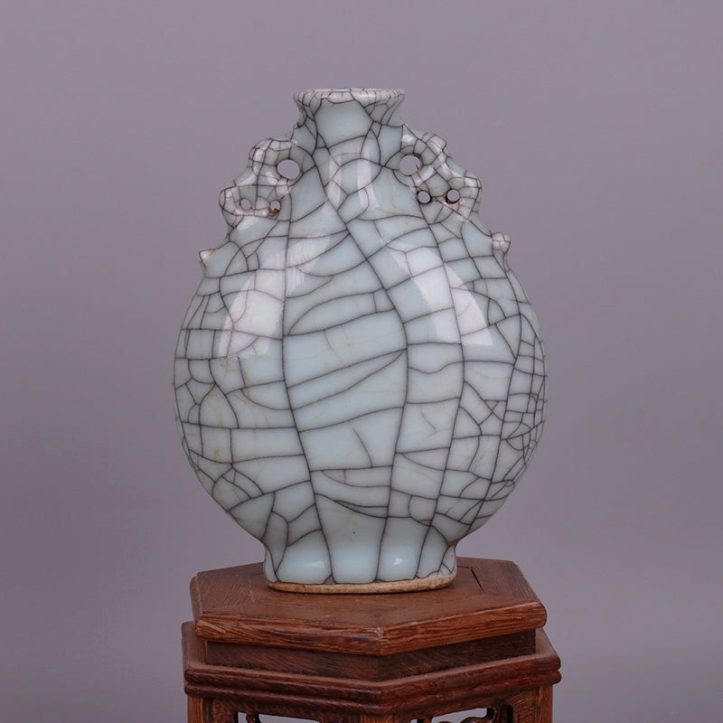 Chinese Antique Porcelain Vase,CChinese Song Dynasty Guan Ware Celadon Moonflask Vase, Guan Kiln Crackle Glaze Ceramic Moon Flask Bottle