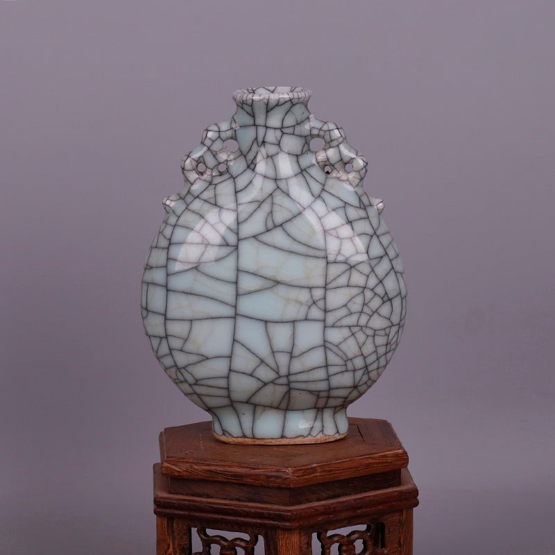 Chinese Antique Porcelain Vase,CChinese Song Dynasty Guan Ware Celadon Moonflask Vase, Guan Kiln Crackle Glaze Ceramic Moon Flask Bottle