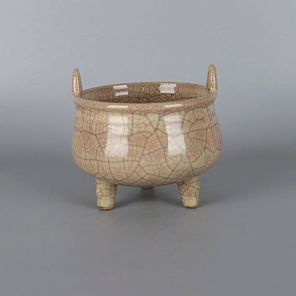 Chinese Antique Porcelain Censer,Chinese Song Dynasty Ge Ware Celadon Three Legs Censer, Ge Kiln Crackle Glaze Ceramic Incense Burner