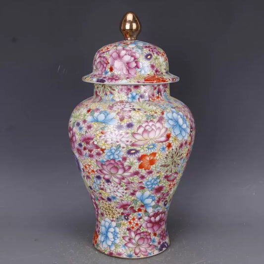 Chinese Antique Porcelain Lid Pot,Chinese Qing Dynasty Yongzheng Marked Famille Rose Porcelain Ginger Jar,Hand Painting in Gold Flowers Pattern Ceramic Ginger Jar