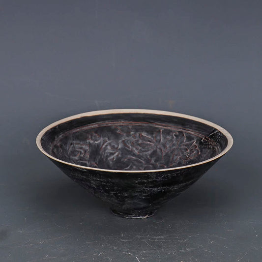 Chinese Antique Porcelain Bowl,Chinese Song Dynasty Ding Ware Black Glaze Porcelain Bowl, Ding Kiln Hand Carving Lotus Flower Pattern Ceramic Bowl