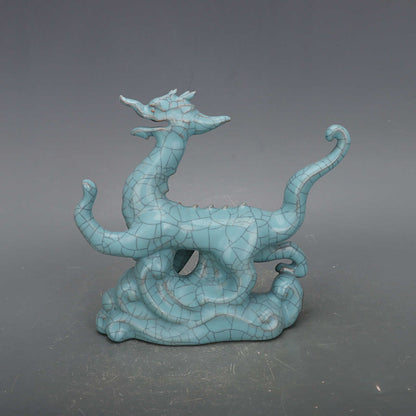 Chinese Antique Porcelain Dragon Statue,Chinese Song Dynasty Guan Ware Celadon Dragon Statue, Guan Kiln Crackle Glaze Hand Carving Ceramic Dragon Statue