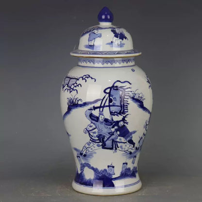 Chinese Antique Porcelain Lid Pot,Chinese Qing Dynasty Kangxi Marked Blue and White Porcelain Ginger Jar,Hand Painting Generals Pattern Ceramic Ginger Jar