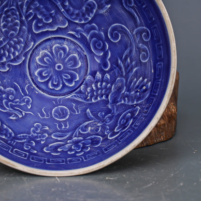 Chinese Antique Porcelain Bowl,Chinese Song Dynasty Ding Ware Blue Glaze Porcelain Bowl, Ding Kiln Hand Carving Dragon and Phoenix Pattern Ceramic Bowl