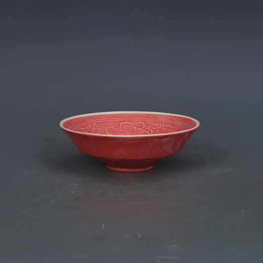 Chinese Antique Porcelain Bowl,Chinese Song Dynasty Ding Ware Red Glaze Porcelain Bowl, Ding Kiln Hand Carving Flowers Pattern Ceramic Bowl