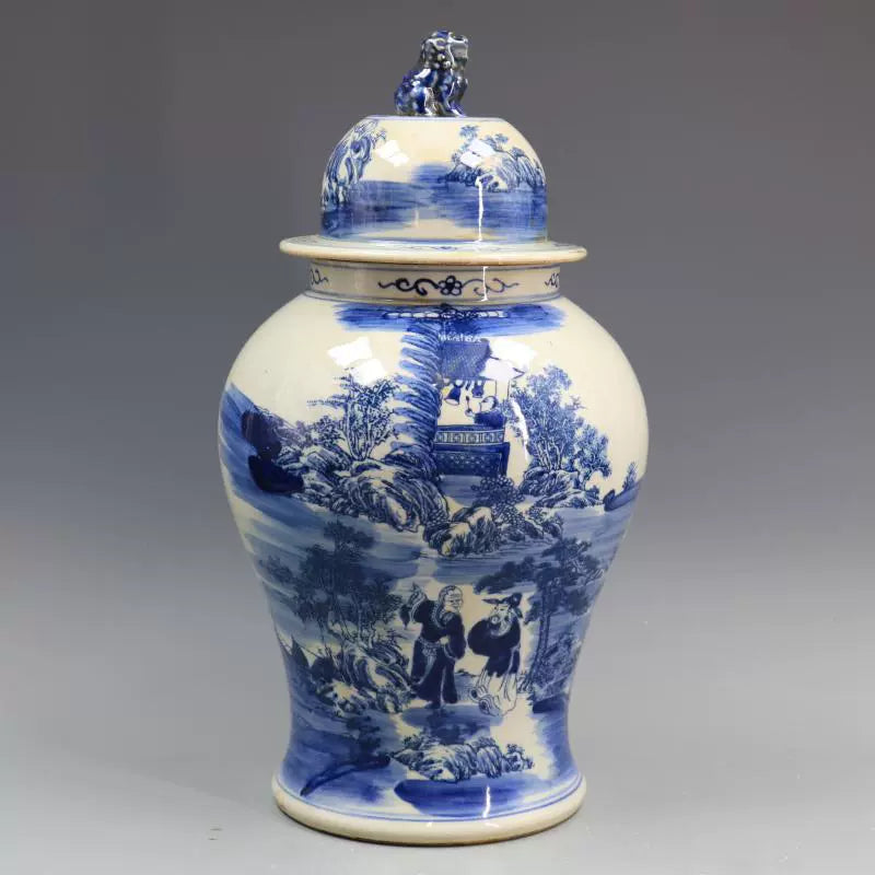 Chinese Antique Porcelain Lid Pot,Chinese Qing Dynasty Blue and White Porcelain Ginger Jar,Hand Painting Landscape Pattern Ceramic Ginger Jar