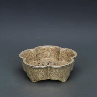 Chinese Antique Porcelain Writing Brush Washer,Chinese Song Dynasty Ge Ware Celadon Petal Brushwasher, Ge Kiln Crackle Glaze Ceramic Brush washer