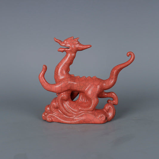 Chinese Antique Porcelain Dragon Statue,Chinese Song Dynasty Ge Ware Red Glaze Porcelain Dragon Statue, Ge Kiln Crackle Glaze Hand Carving Ceramic Dragon Statue