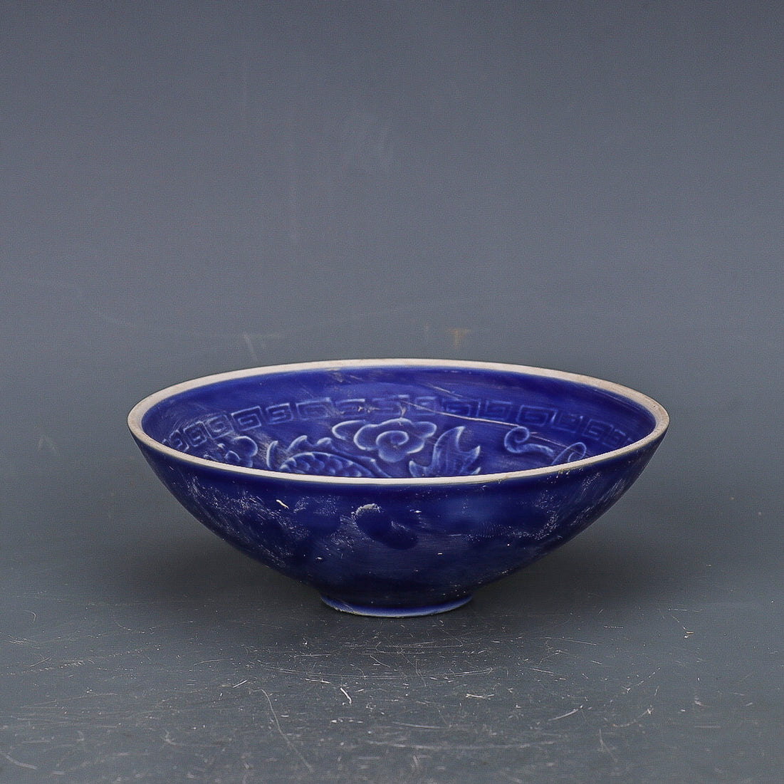 Chinese Antique Porcelain Bowl,Chinese Song Dynasty Ding Ware Blue Glaze Porcelain Bowl, Ding Kiln Hand Carving Dragon and Phoenix Pattern Ceramic Bowl