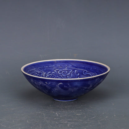 Chinese Antique Porcelain Bowl,Chinese Song Dynasty Ding Ware Blue Glaze Porcelain Bowl, Ding Kiln Hand Carving Dragon and Phoenix Pattern Ceramic Bowl