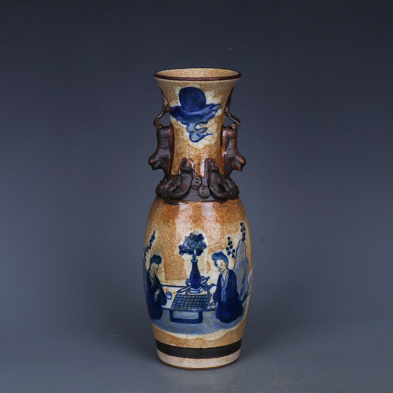 Chinese Antique Porcelain Vase,Chinese Qing Dynasty Blue And White Porcelain Vase,Hand Painting Beauties Pattern Crackle Glaze Ceramic Bottle