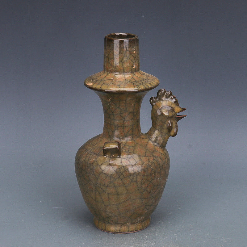 Chinese Antique Porcelain Water Pot,Chinese Song Dynasty Ge Ware Celadon Chicken Head Water Pot, Ge Kiln Crackle Glaze Ceramic Water Pot