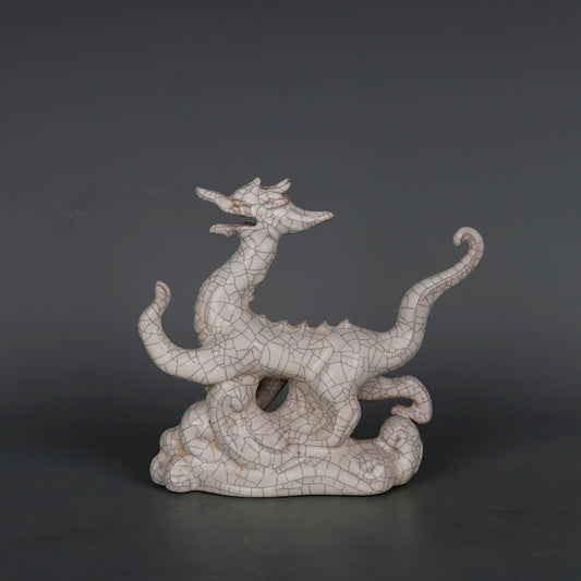 Chinese Antique Porcelain Dragon Statue,Chinese Song Dynasty Guan Ware Celadon Dragon Statue, Guan Kiln Crackle Glaze Hand Carving Ceramic Dragon Statue