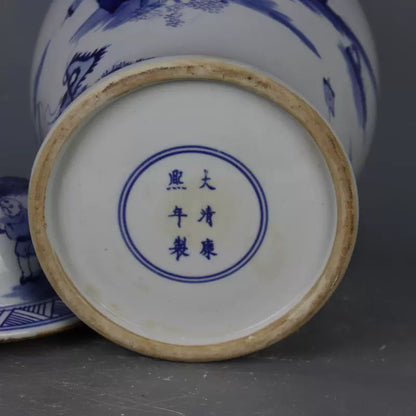 Chinese Antique Porcelain Lid Pot,Chinese Qing Dynasty Kangxi Marked Blue and White Porcelain Ginger Jar,Hand Painting Generals Pattern Ceramic Ginger Jar