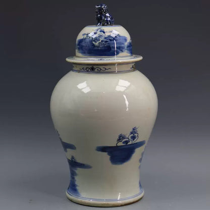 Chinese Antique Porcelain Lid Pot,Chinese Qing Dynasty Blue and White Porcelain Ginger Jar,Hand Painting Landscape Pattern Ceramic Ginger Jar