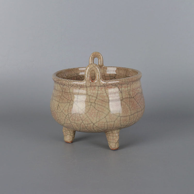 Chinese Antique Porcelain Censer,Chinese Song Dynasty Ge Ware Celadon Three Legs Censer, Ge Kiln Crackle Glaze Ceramic Incense Burner