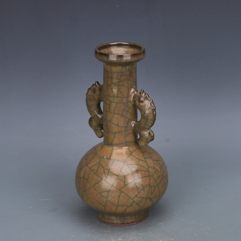 Chinese Antique Porcelain Vase,Chinese Song Dynasty Ge Ware Celadon Double Fishes Ears Vase, Ge Kiln Crackle Glaze Ceramic Bottle