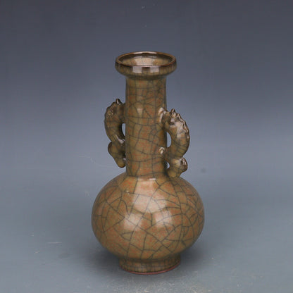 Chinese Antique Porcelain Vase,Chinese Song Dynasty Ge Ware Celadon Double Fishes Ears Vase, Ge Kiln Crackle Glaze Ceramic Bottle