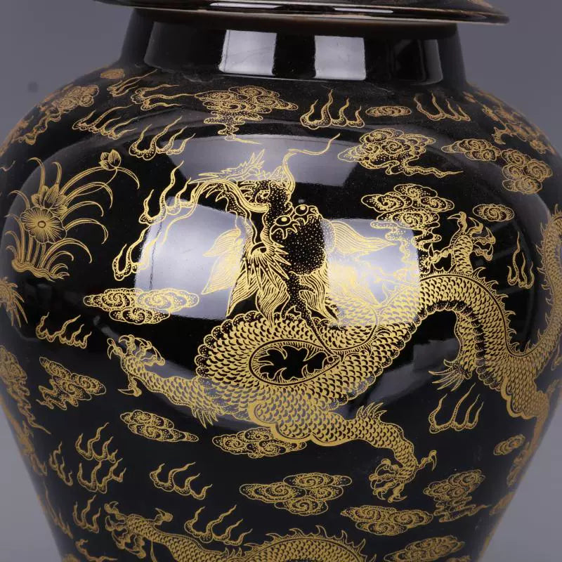 Chinese Antique Porcelain Lid Pot,Chinese Qing Dynasty Kangxi Marked Famille Rose Porcelain Ginger Jar,Hand Painting Black Ground Dragons Pattern Ceramic Ginger Jar