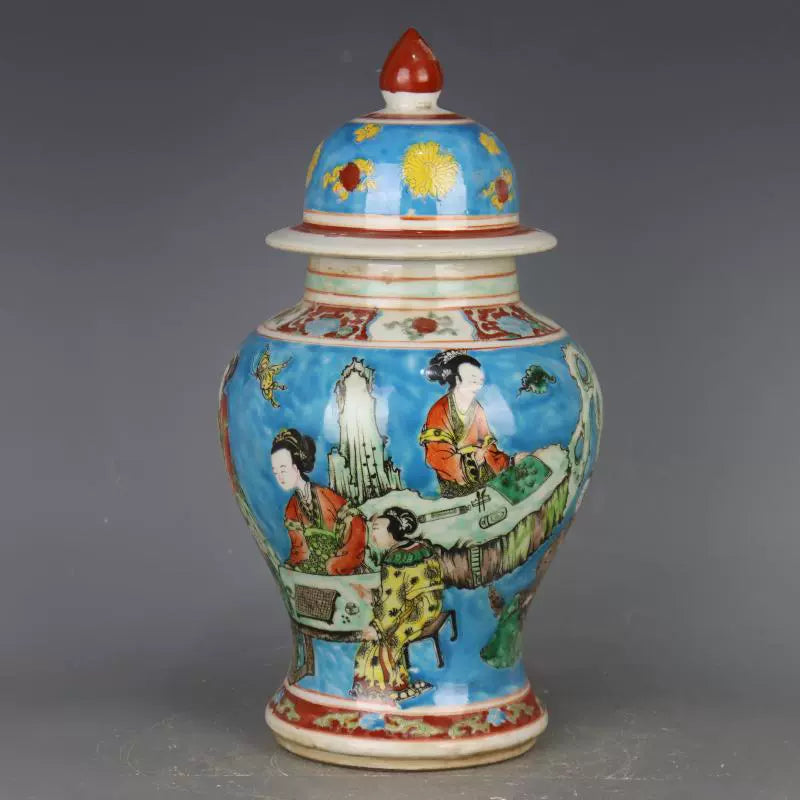 Chinese Antique Porcelain Lid Pot,Chinese Qing Dynasty Kangxi Marked Famille Verte Porcelain Ginger Jar,Hand Painting Blue Ground Maids Pattern Ceramic Ginger Jar