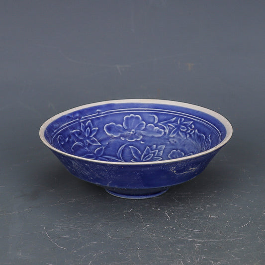 Chinese Antique Porcelain Bowl,Chinese Song Dynasty Ding Ware Blue Glaze Porcelain Bowl, Ding Kiln Hand Carving Mandarin Ducks Pattern Ceramic Bowl