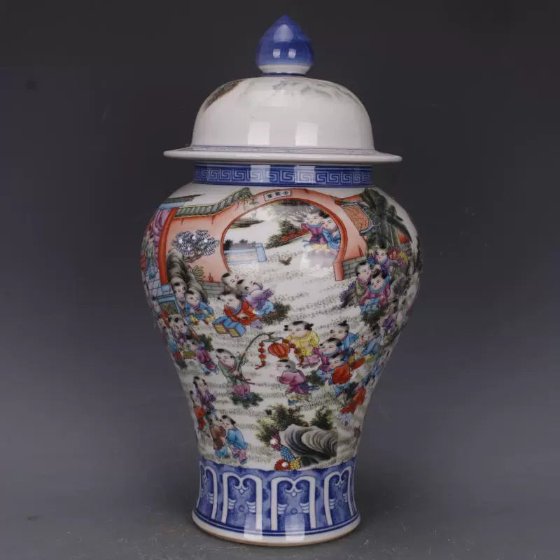 Chinese Antique Porcelain Lid Pot,Chinese Qing Dynasty Kangxi Marked Blue and White Doucai Porcelain Ginger Jar,Hand Painting Hundreds Babies Pattern Ceramic Ginger Jar