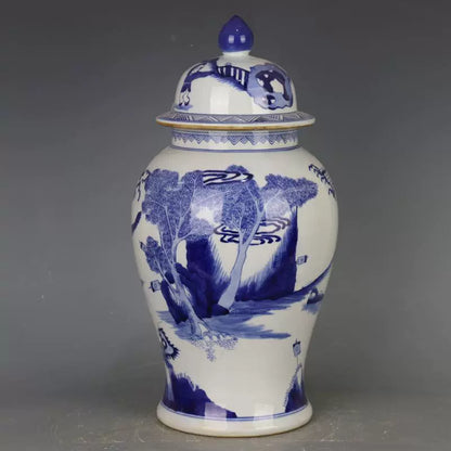 Chinese Antique Porcelain Lid Pot,Chinese Qing Dynasty Kangxi Marked Blue and White Porcelain Ginger Jar,Hand Painting Generals Pattern Ceramic Ginger Jar