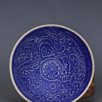 Chinese Antique Porcelain Bowl,Chinese Song Dynasty Ding Ware Blue Glaze Porcelain Bowl, Ding Kiln Hand Carving Dragon and Phoenix Pattern Ceramic Bowl