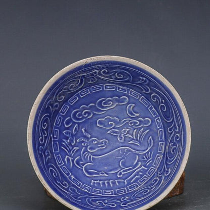 Chinese Antique Porcelain Bowl,Chinese Song Dynasty Ding Ware Blue Glaze Porcelain Bowl, Ding Kiln Hand Carving Deer Pattern Ceramic Bowl