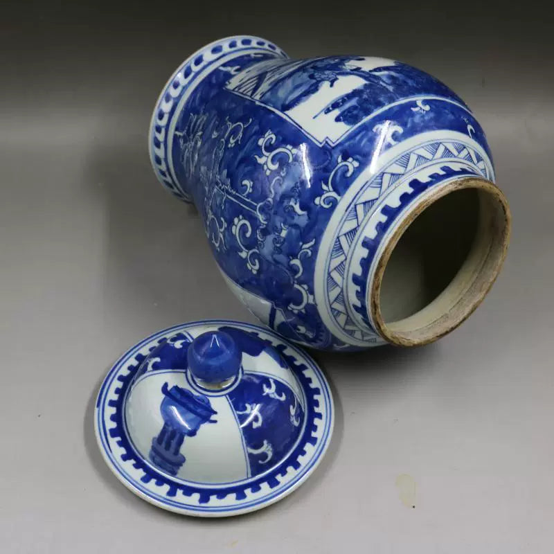 Chinese Antique Porcelain Lid Pot,Chinese Qing Dynasty Kangxi Marked Blue and White Porcelain Ginger Jar,Hand Painting Figures Story Pattern Ceramic Ginger Jar