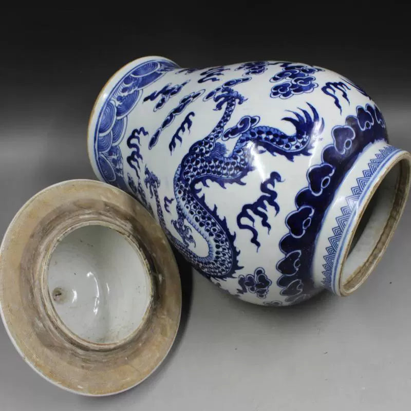 Chinese Antique Porcelain Lid Pot,Chinese Qing Dynasty Kangxi Marked Blue and White Porcelain Ginger Jar,Hand Painting Double Dragons Pattern Ceramic Ginger Jar