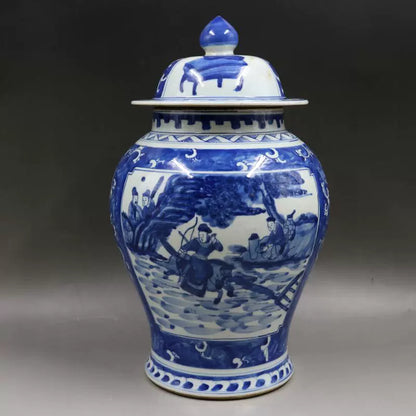 Chinese Antique Porcelain Lid Pot,Chinese Qing Dynasty Kangxi Marked Blue and White Porcelain Ginger Jar,Hand Painting Figures Story Pattern Ceramic Ginger Jar