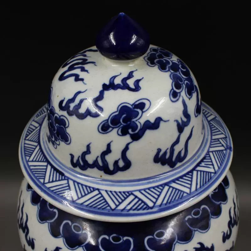 Chinese Antique Porcelain Lid Pot,Chinese Qing Dynasty Kangxi Marked Blue and White Porcelain Ginger Jar,Hand Painting Double Dragons Pattern Ceramic Ginger Jar