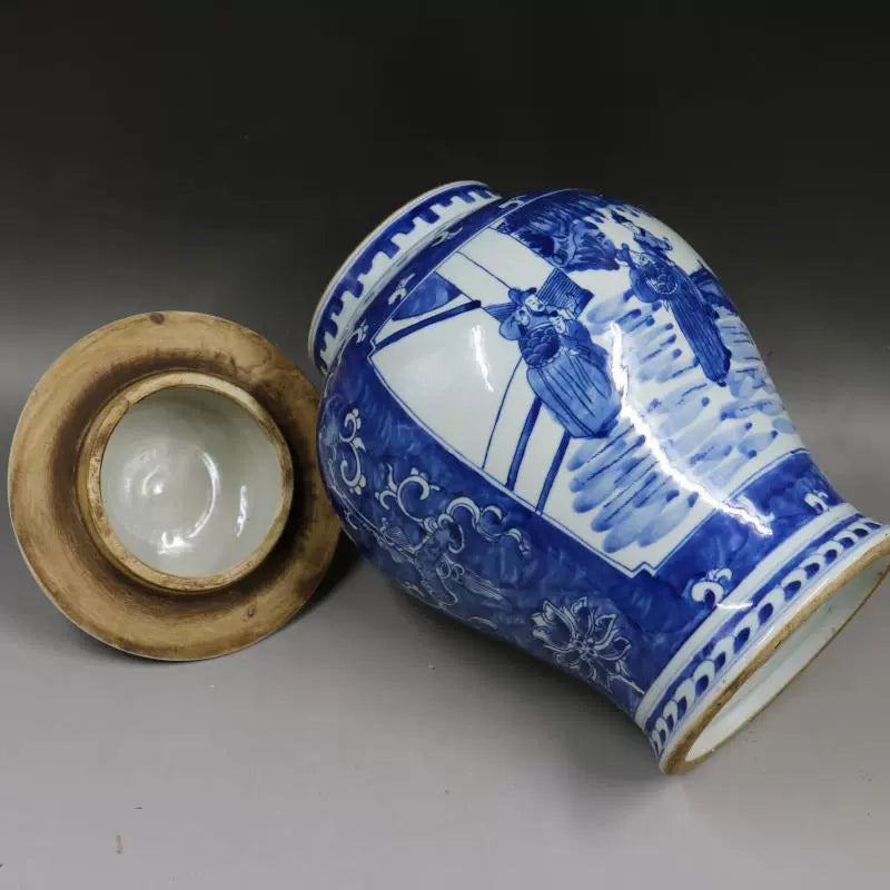 Chinese Antique Porcelain Lid Pot,Chinese Qing Dynasty Kangxi Marked Blue and White Porcelain Ginger Jar,Hand Painting Figures Story Pattern Ceramic Ginger Jar