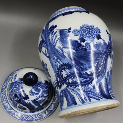 Chinese Antique Porcelain Lid Pot,Chinese Qing Dynasty Kangxi Marked Blue and White Porcelain Ginger Jar,Hand Painting Phoenix and Poeny Pattern Ceramic Ginger Jar