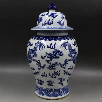 Chinese Antique Porcelain Lid Pot,Chinese Qing Dynasty Kangxi Marked Blue and White Porcelain Ginger Jar,Hand Painting Double Dragons Pattern Ceramic Ginger Jar