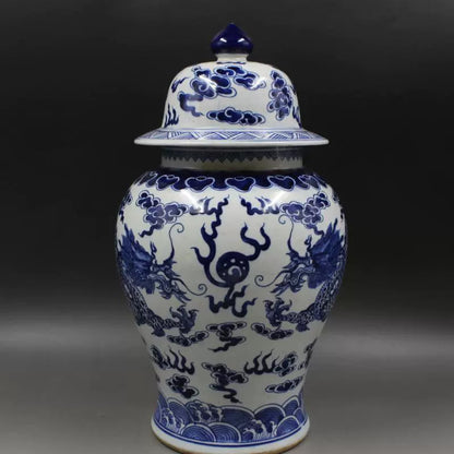 Chinese Antique Porcelain Lid Pot,Chinese Qing Dynasty Kangxi Marked Blue and White Porcelain Ginger Jar,Hand Painting Double Dragons Pattern Ceramic Ginger Jar