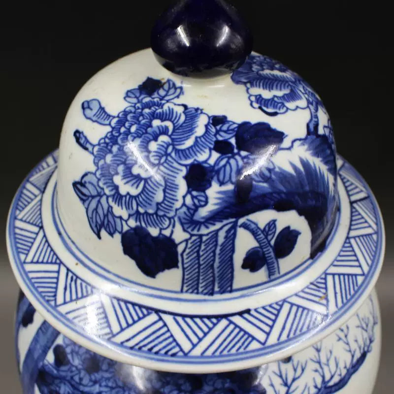 Chinese Antique Porcelain Lid Pot,Chinese Qing Dynasty Kangxi Marked Blue and White Porcelain Ginger Jar,Hand Painting Phoenix and Poeny Pattern Ceramic Ginger Jar