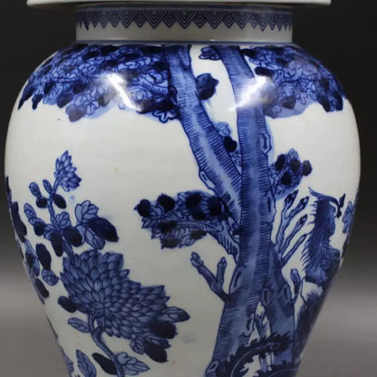 Chinese Antique Porcelain Lid Pot,Chinese Qing Dynasty Kangxi Marked Blue and White Porcelain Ginger Jar,Hand Painting Phoenix and Poeny Pattern Ceramic Ginger Jar